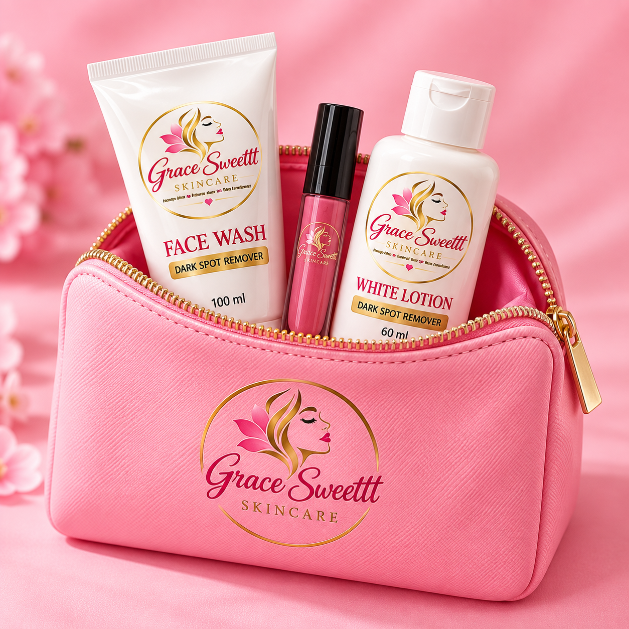 Pink zip makeup pouch with Face Wash, White Lotion, and a lip product
