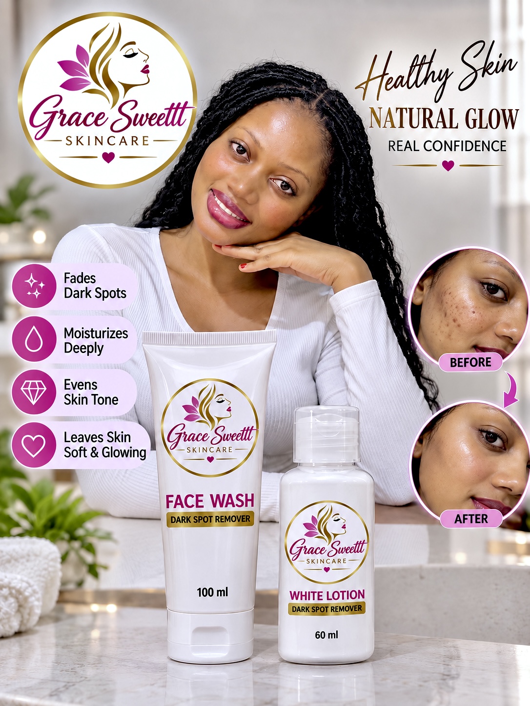 Grace pictured with her Grace Sweettt Skin products
