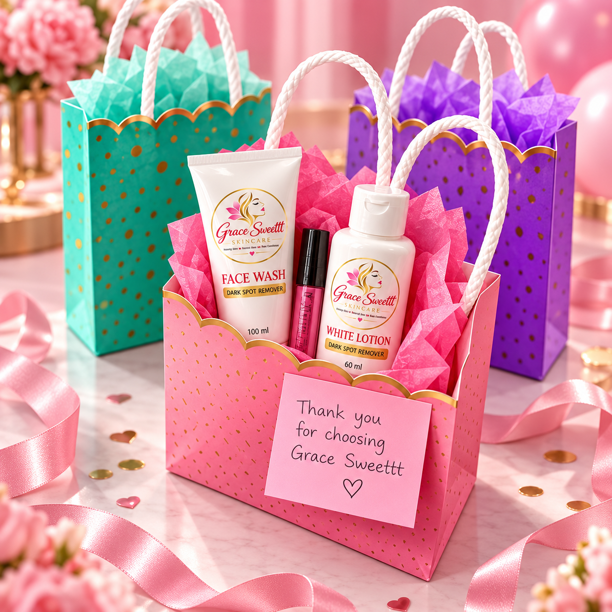 Pink pickup gift bag with Face Wash, White Lotion, and a lip product; two other gift bags behind